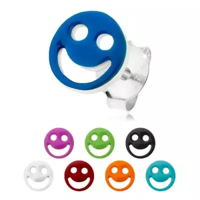 925 ezüst fülbevaló, vidám smiley színes fénymázzal, kivágások - szemek és száj - Szín: Fekete 