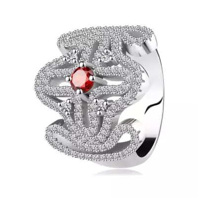 Masszív gyűrű, 925 ezüst, piros cirkónia, széles minta - kereszt - Nagyság_ 54