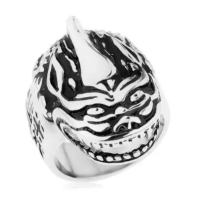 Masszív gyűrű 316L acél, patina, sárkányfej, kínai jelek - Nagyság_ 62