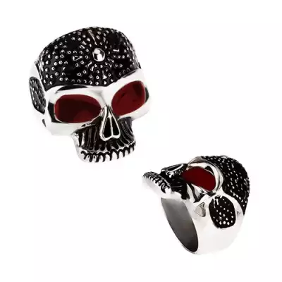 Masszív gyűrű 316L acélból, patinált koponya, piros fénymázas szemek - Nagyság_ 60