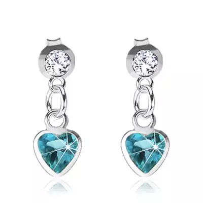 925 ezüst fülbevaló, türkiz szív, pálca golyóval, átlátszó Swarovski kristály