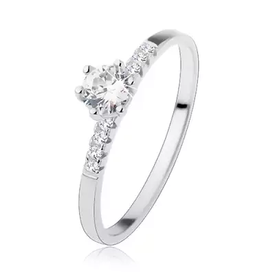 Eljegyzési gyűrű 925 ezüstből, kerek átlátszó cirkónia, csillogó vonalak a szárakon - Nagyság_ 49