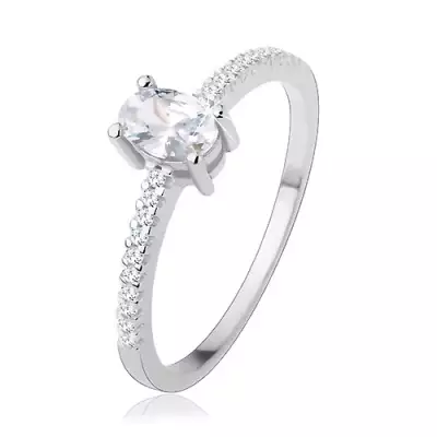 Eljegyzési gyűrű 925 ezüstből, vékony szárak, átlátszó cirkónia - ovális - Nagyság_ 57