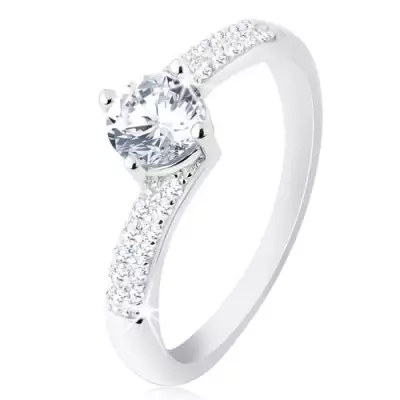 Eljegyzési gyűrű 925 ezüstből, csillogó szárak, kerek átlátszó cirkónia - Nagyság_ 48