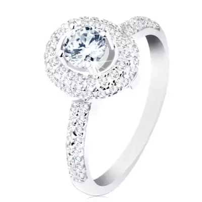 Gyűrű 925 ezüstből, fényes szárak, kerek átlátszó cirkónia, csillogó ovális szegély - Nagyság_ 60