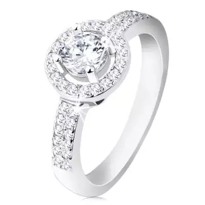 925 ezüst gyűrű, széles szárak, csillogó vonal, kerek foglalat, csiszolt cirkónia - Nagyság_ 54