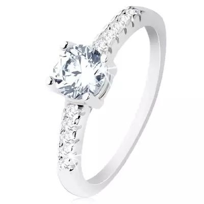 Eljegyzési gyűrű, 925 ezüst, szárak átlátszó cirkóniákkal kirakva, kerek áttsző cirkónia - Nagyság_ 53