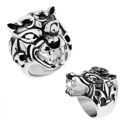 Masszív gyűrű 316L acélból, domború patinált farkas, Fleur de Lis - Nagyság_ 67