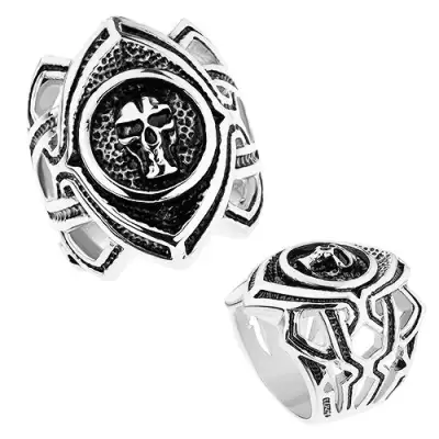 Masszív acél gyűrű, patinált búzaszem koponyával, vésések - Nagyság_ 64