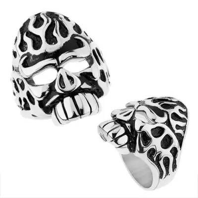 316L acél gyűrű, ezüst szín, koponya patinált bevágásokkal - Nagyság_ 64