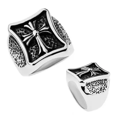 Gyűrű ezüst színben, sebészeti acél, fényes kereszt szétágazó csúcsokkal - Nagyság_ 62