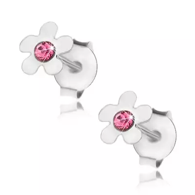 925 ezüst fülbevaló, fényes virág rózsaszín Swarovski kristállyal