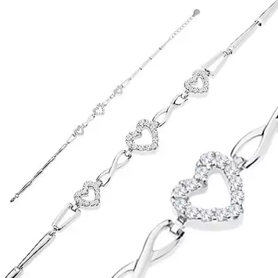 925 ezüst karkötő, fényes elemek, átlátszó cirkóniás szívkörvonal