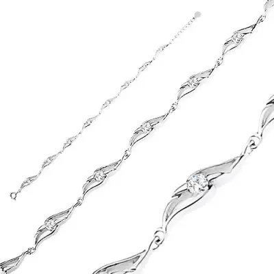 925 ezüst karkötő, lekerekített elemek kivágással, kerek átlátszó cirkóniák