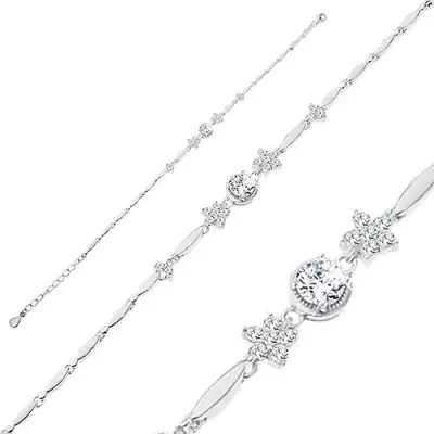 925 ezüst karkötő, fényes szem elemek, átlátszó virág és kerek cirkónia