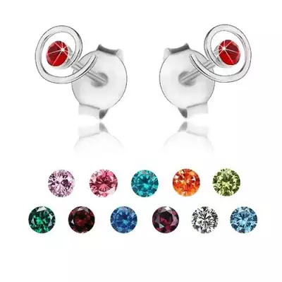925 ezüst fülbevaló, fényes spirál, színes Swarovski kristály - Szín: Sötétzöld