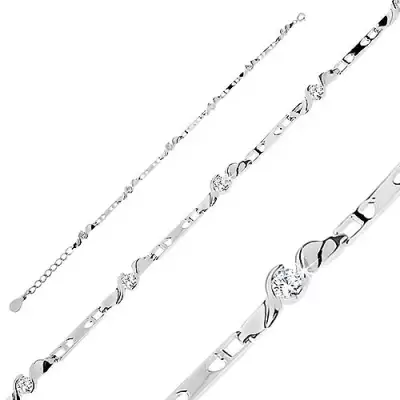 925 ezüst karkötő, fényes felület szív alakú vágatok, hullámos vonal, átlátszó cirkónia