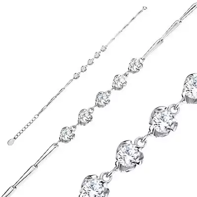 925 ezüst karkötő, állítható méret, fényes elemek, átlátszó cirkónia levél alakú fogatban