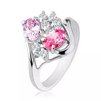 Ezüst színű gyűrű, hullámos szárvégek, átlátszó és színes cirkóniák - Nagyság_ 55