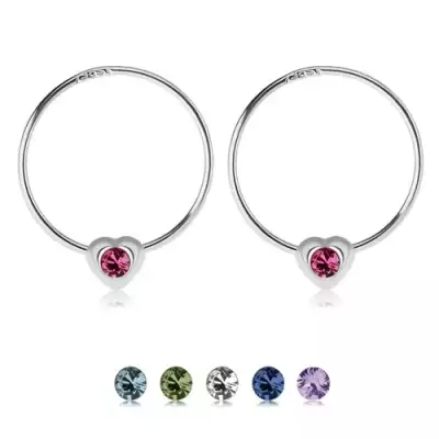 Kerek fülbevaló 925 ezüstből, szív színes cirkóniával - Szín: Sötétkék