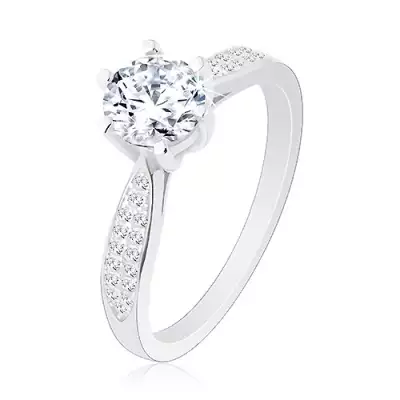 925 ezüst eljegyzési gyűrű, fénylő kör alakú cirkónia, díszített szárak - Nagyság_ 49