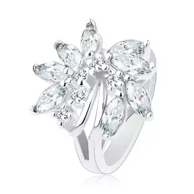 Csillogó gyűrű, ezüst árnyalat, szabálytalan cirkóniás virág, fényes ívek - Nagyság_ 53, Szín: Rózsaszín