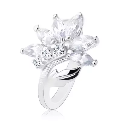 Csillogó ezüst színű gyűrű, átlátszó cirkóniás virág, fényes levél - Nagyság_ 53