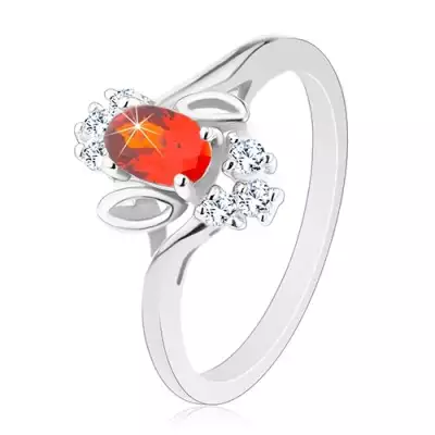 Csillogó gyűrű, sötétnarancssárga csiszolt ovális, átlátszó cirkóniák, levélkék - Nagyság_ 54