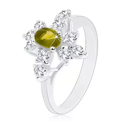 Fénylő gyűrű, ezüst árnyalat, sötétzöld ovális cirkónia, átlátszó cirkónia - Nagyság_ 52