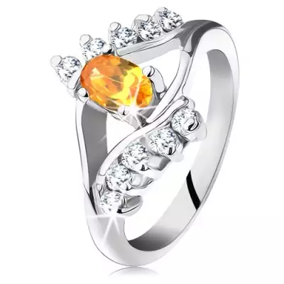 Gyűrű ezüst árnyalatban keskeny szárakkal, sárga ovális cirkónia, átlátszó vonal - Nagyság_ 61