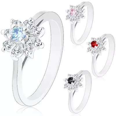 Csillogó gyűrű ezüst színben, szűkített szárak, cirkóniás virág - Nagyság_ 50, Szín: Piros
