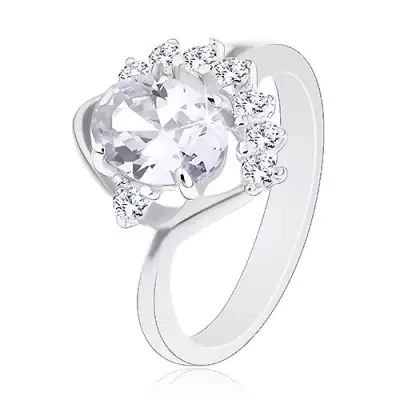 Csillogó gyűrű ívelt szárral, átlátszó ovális és kerek cirkóniák, ívek - Nagyság_ 59