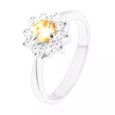 Csillogó gyűrű vékony szárakkal, kerek narancssárga cirkónia átlátszó cirkóniás szirmokkal - Nagyság_ 55