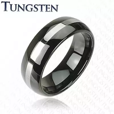 Fekete tungsten karikagyűrű, ezüst színű sáv, lekerekített felszín, 8 mm - Nagyság_ 68