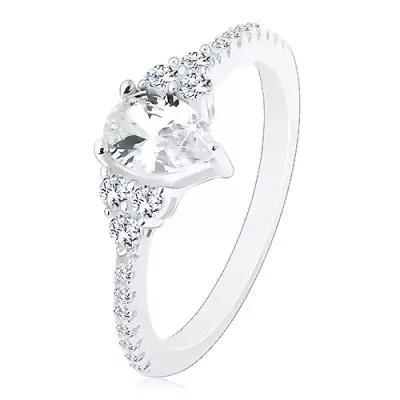 925 ezüst - eljegyzési gyűrű, recés cirkóniás szélek, csillogó átlátszó csepp  - Nagyság_ 54