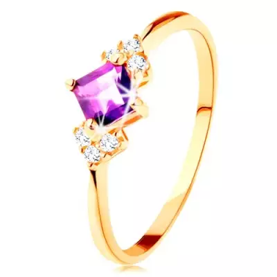 14K sárga arany gyűrű - lila ametiszt négyzet, átlátszó cirkóniák - Nagyság_ 60
