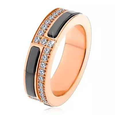 Karikagyűrű sebészeti acélból, réz színben, fekete kerámia sáv és cirkóniák - Nagyság_ 64
