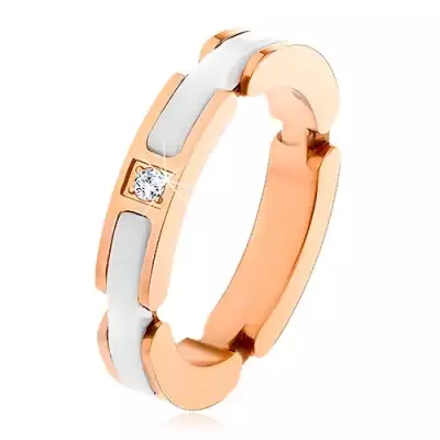 Acél gyűrű, vágatok fehér kerámia sávval, átlátszó cirkónia - Nagyság_ 52