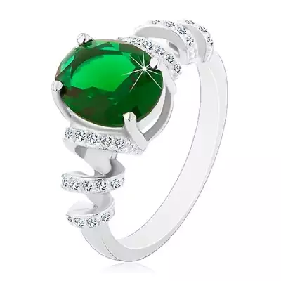 Eljegyzési ródiumozott gyűrű, 925 ezüst, zöld ovális cirkónia, csillogó spirál - Nagyság_ 62