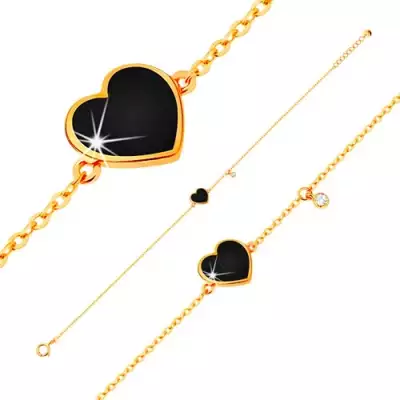 585 arany karkötő - fekete fénymázas szív és átlátszó cirkónia, vékony lánc