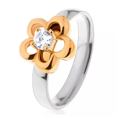 Fénylő gyűrű két színű változatban, virág körvonal kiemelkedő cirkóniával - Nagyság_ 59