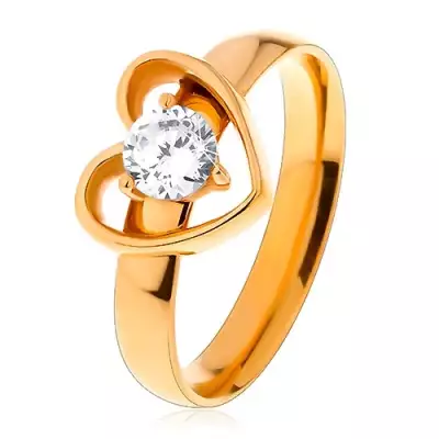 Gyűrű sebészeti acélból arany színben, szív körvonal átlátszó cirkóniával - Nagyság_ 49