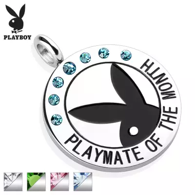 Acél kerek medál ezüst színben, fekete Playboy nyuszi, cirkóniák, felirat - Szín: Zöld