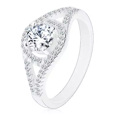 Csillogó eljegyzési gyűrű, 925 ezüst, osztott szárak, kör cirkóniával - Nagyság_ 54