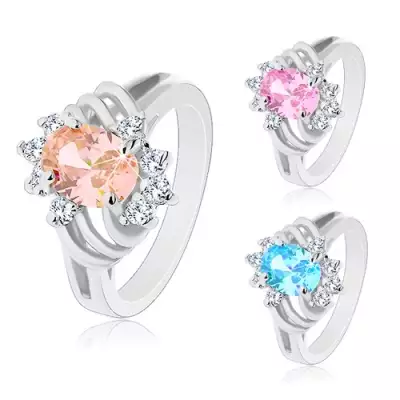 Csillogó gyűrű ezüst színben, nagy színes ovális, vékony ívek és átlátszó cirkóniák - Nagyság_ 60, Szín: Narancssárga 