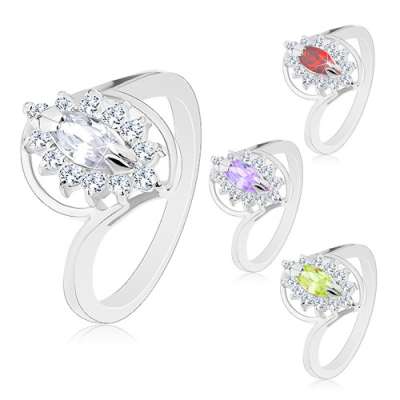 Ezüst színű gyűrű fénylő szárakkal, csiszolt búzaszem alakú cirkónia, átlátszó szegély - Nagyság_ 49, Szín: Világoslila