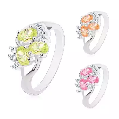 Gyűrű ezüst színben, osztott szárak, színes ovális, átlátszó cirkóniák - Nagyság_ 50, Szín: Rózsaszín