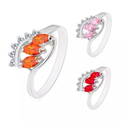 Gyűrű fényes hajlított szárakkal, átlátszó ív és három színes szem alakú cirkónia - Nagyság_ 58, Szín: Rózsaszín