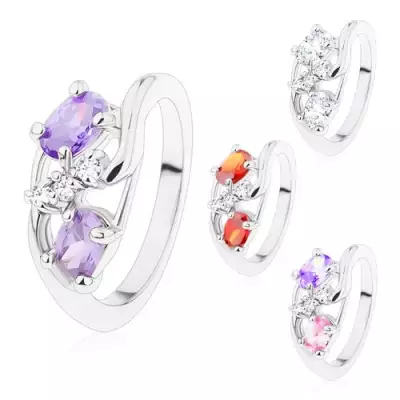 Ezüst színű gyűrű, vékony hajlított szárak, színes ovális és átlátszó cirkóniák - Nagyság_ 54, Szín: Narancssárga 