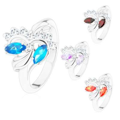 Fényes szárú gyűrű ezüst színben, csiszolt búzaszem, átlátszó cirkónia - Nagyság_ 49, Szín: Sötét piros